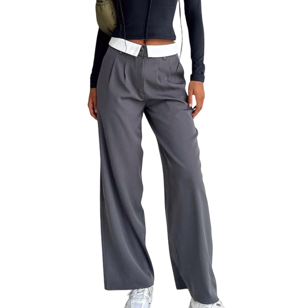 Princess Polly Lacro Pant Pants Trousers Slate Wide Leg Pockets Colour Block
